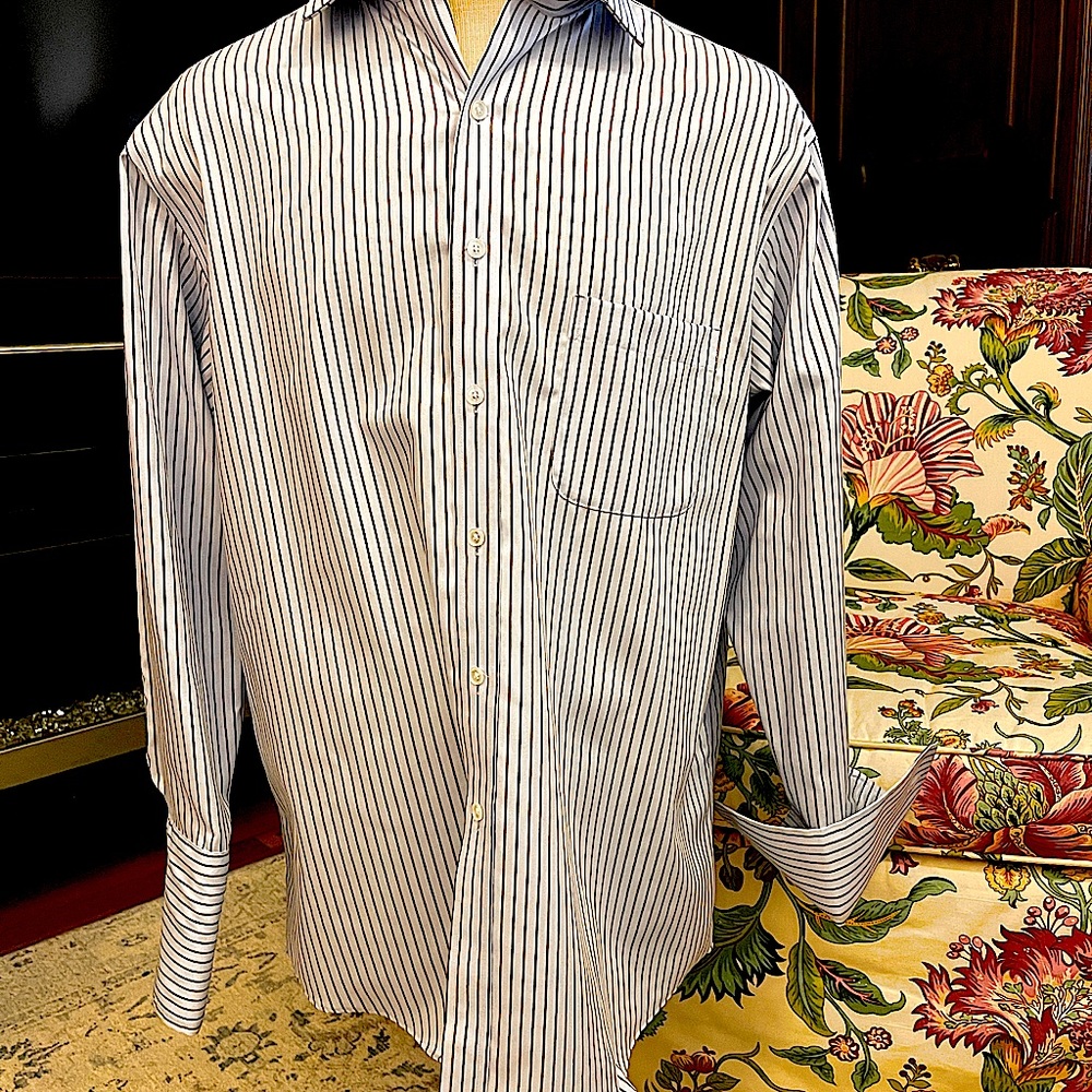 Tasso Elba French Cuff Pale Blue Pinstripe Dress Shirt